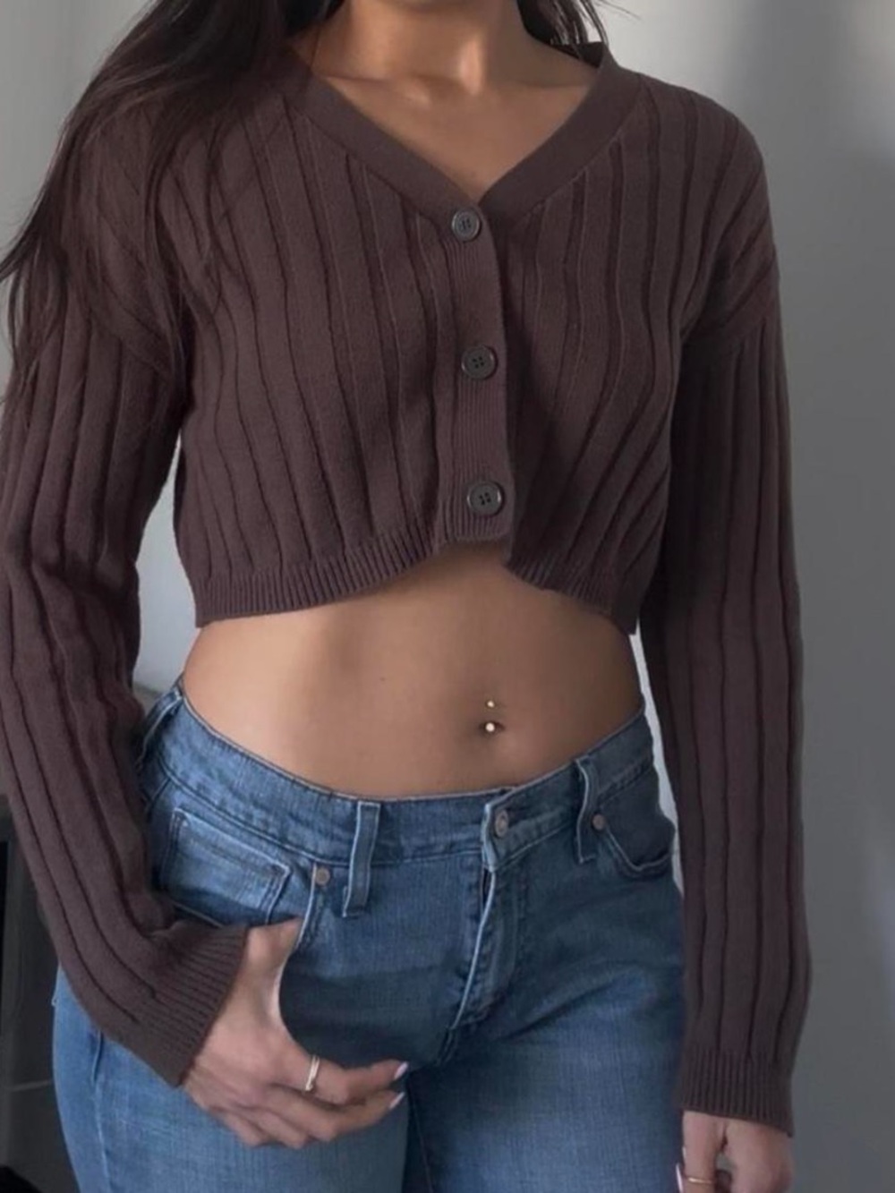 Abound Brown Button Up Cropped Sweater Medium